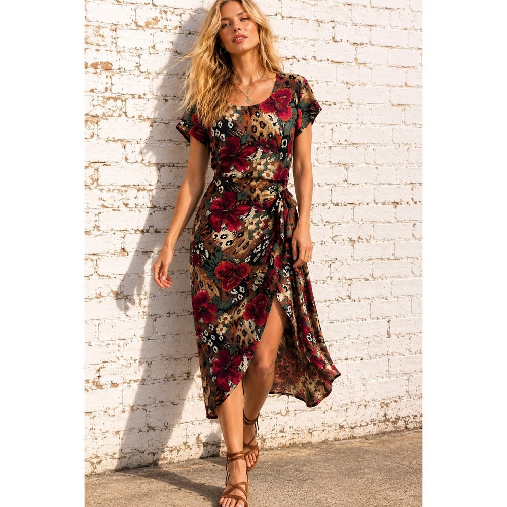 Vintage Paquette Too Brown Rayon Floral Leopard Wrap Midi Dress Dark Romantic 14